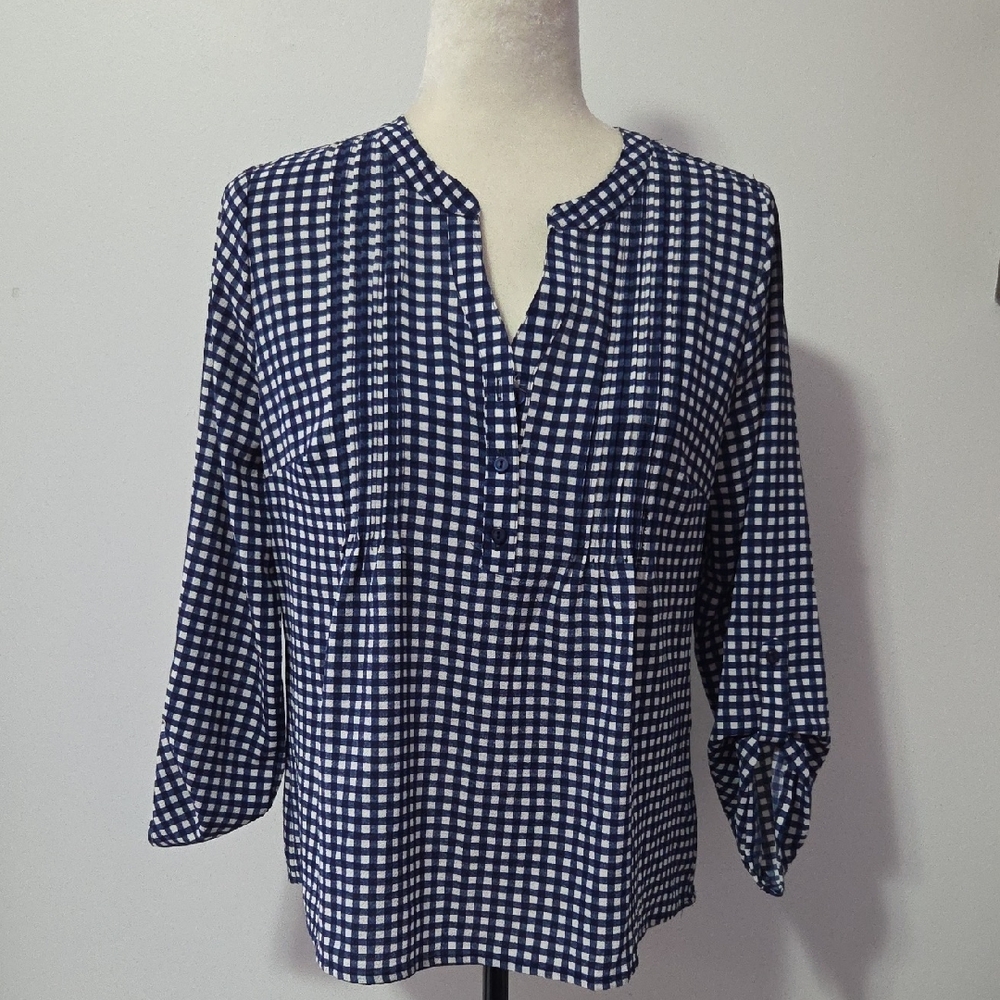 NY Collection Navy Checkered Women's Tap Sleeve Top